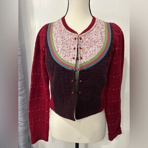 Anthropologie HWR wool cardigan prairie red vintage look ditsy floral sweater S